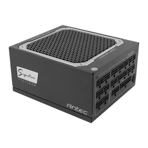 Antec SIGNATURE 1300 Platinum Power Supply Unit in black, featuring a textured top, multiple output ports, and a sleek design, rated at 1300 W with a 20+4 pin ATX connector.