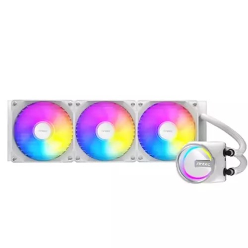 Antec Skeleton 360ARGB Liquid CPU Cooler in white features a 360mm radiator, three RGB fans with vibrant color gradients, and a compact pump unit with a circular RGB design.