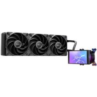 Black Antec VORTEX VIEW 360 liquid CPU cooler with three fans and digital display on pump unit.