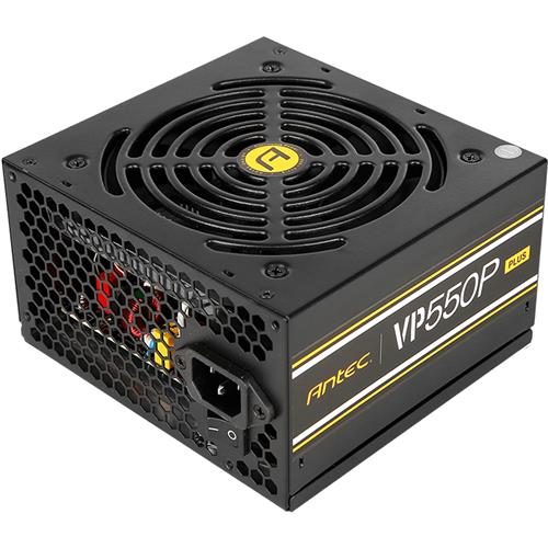 Black Antec VP PLUS VP550P Plus Power Supply Unit with a 550 W capacity, featuring a 20+4 pin ATX connector, ventilation grill, and yellow branding accents.