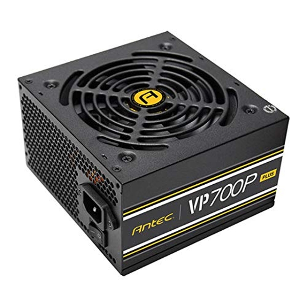 Black Antec VP700P Plus GB Power Supply Unit with a 700 W capacity, featuring a 20+4 pin ATX connector and a top-mounted cooling fan with a distinctive logo.