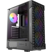 Black Antec VX-320 ARGB Midi Tower with mesh front panel, tempered glass side, and colorful LED fan.