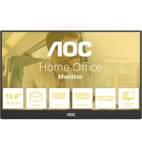 Black AOC portable monitor, 15.6" LED display, 1920x1080 resolution, slim bezel, showing home office interface.