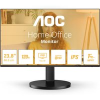 Black AOC 24B3HA2 monitor, 23.8" Full HD LED display, slim bezels, circular stand, vibrant screen with icons and text.