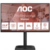 Black AOC 24E4U monitor, 23.8" Full HD LED display, slim bezels, sturdy stand, with branding and specs on screen.
