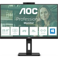 Black AOC 24P3CW monitor, 23.8" Full HD LED display, slim bezels, adjustable stand, built-in webcam on top.
