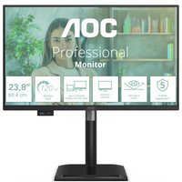 Black AOC 24P4CV monitor, 23.8" Full HD LED display, thin bezels, adjustable stand, front-facing controls.