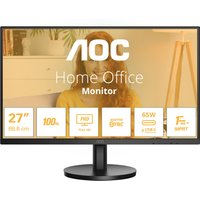 Black AOC 27-inch Full HD LED monitor with thin bezels, circular stand, and on-screen display of features.