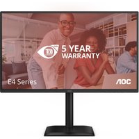 Black AOC 27-inch Full HD LED monitor with slim bezels, rectangular base, and 5-year warranty text on screen.