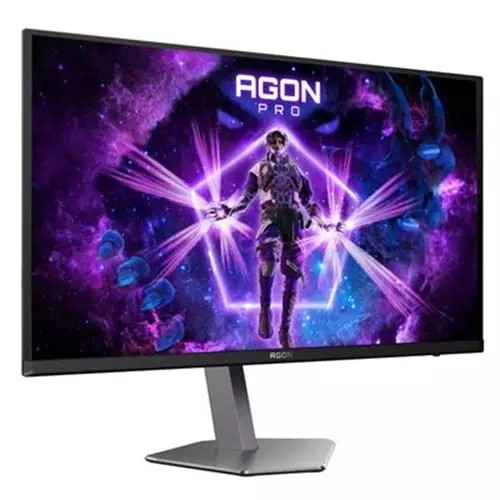 AOC AGON PRO AG276QKD2 monitor features a sleek black and grey design, 26.5-inch QD-OLED display, and vibrant Quad HD resolution, showcasing a dynamic gaming graphic.