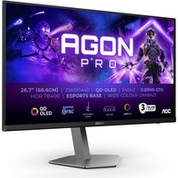 Black and grey AOC AGON PRO monitor, 26.5" QD-OLED, 2560x1440 Quad HD, slim bezels, angular stand.