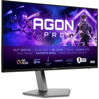 Black AOC AGON PRO AG326UD monitor, 31.5" 4K Ultra HD, QD-OLED screen, sleek stand, vibrant display.