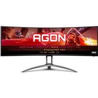 Curved black AOC B2 AG493UCX2 monitor, 48.8", Quad HD, 5120x1440 pixels, sleek stand, vibrant display.