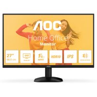 Black AOC B3 Q27B35E monitor, 27" Quad HD LED display, slim bezels, sturdy stand, vibrant screen with icons and text.