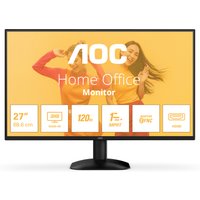 27-inch AOC QHD monitor with slim black bezel, matte screen, and round stand base.