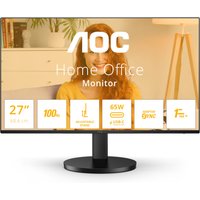 AOC B3 Q27B3CF2 monitor, 27-inch, slim bezels, black stand, 2560x1440 resolution, displaying home office setup.