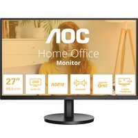 Black AOC B3 U27B3A 27" monitor, 4K Ultra HD LCD, slim bezels, sturdy round base, vibrant display showing icons.