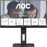 Black AOC E2 22E2UMF monitor, 21.5" Full HD LED, slim bezels, rectangular stand with cable management hole.