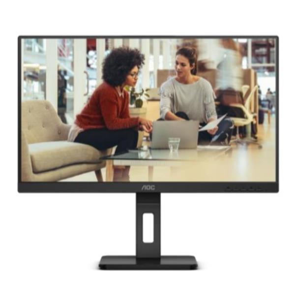 AOC E3 24E3QAF 23.8" Full HD LCD monitor with a sleek black frame and a sturdy black stand, displaying two women collaborating in a modern workspace.