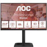 Black AOC E4 24E4CV monitor, 23.8" Full HD LED display, slim bezels, sturdy stand, and AOC logo on top bezel.