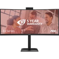 Curved AOC E4 CU34E4CW monitor, 34-inch, 3440x1440 pixels, black stand, thin bezels, 5-year warranty label.