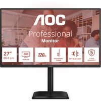 Black AOC 27" Quad HD LED monitor with slim bezels, adjustable stand, and vibrant display.