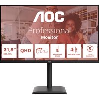 Black AOC 31.5" monitor with Quad HD 2560x1440 resolution, slim bezels, and adjustable stand.