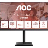 Black AOC 27" 4K Ultra HD LED monitor with slim bezels, rectangular stand, and professional display features.