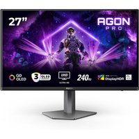 Black AOC G2 AG276UZD 26.5" monitor, 4K Ultra HD OLED display, thin bezels, angular stand, vibrant purple graphics.