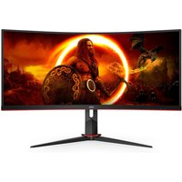 Curved AOC G2 CU34G2XP monitor, 34" UltraWide Quad HD, black with red accents, displaying fantasy warrior scene.