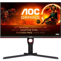 Black and red AOC 27" monitor with 2560x1440 2K Ultra HD display, slim bezels, and a sturdy V-shaped stand.
