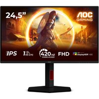 Black and red AOC G4 25G4KUR monitor, 24.5" Full HD LED, slim bezels, angular stand, vibrant gaming display.