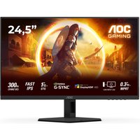 Black and red AOC G4 25G4SRE monitor, 24.5" Full HD LED, thin bezel, square stand, gaming graphics on screen.