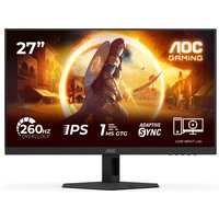 AOC G4 27" monitor, slim black bezel, 1920x1080 resolution, 260Hz, 1ms response, IPS panel, gaming graphics on screen.