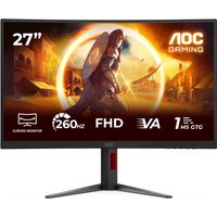Black and red AOC 27" curved gaming monitor, Full HD, 1920x1080 resolution, sleek stand, vibrant display with game graphics.