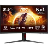 Curved black and red AOC G4 C32G4Z monitor, 31.5", 1920x1080 pixels, with a sleek stand and gaming graphics on screen.