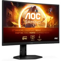 Black AOC G4 CQ27G4X 27" Quad HD LCD monitor with curved screen and slim bezels, featuring gaming graphics.