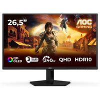 Black and red AOC G4 Q27G41ZDF monitor, 26.5" QD-OLED, 2560x1440 Quad HD, HDR10, gaming graphics on screen.