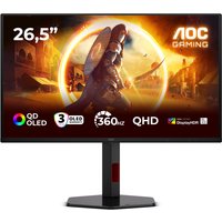 AOC G4 Q27G4SDR monitor, 26.5" QD-OLED, 2560x1440 QHD, black with red accents, sleek stand, gaming graphics on screen.