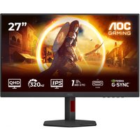 AOC G4 Q27G4SRU 27" monitor, Quad HD, black with red accents, LED display, gaming graphics on screen.