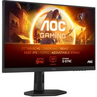 Black and grey AOC 27" Quad HD LED monitor with slim bezels, adjustable stand, and vibrant display showing gaming graphics.