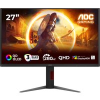 AOC G4 Q27G4ZD monitor, 27-inch, slim bezel, QHD 2560x1440, black stand, vibrant gaming display with orange graphics.