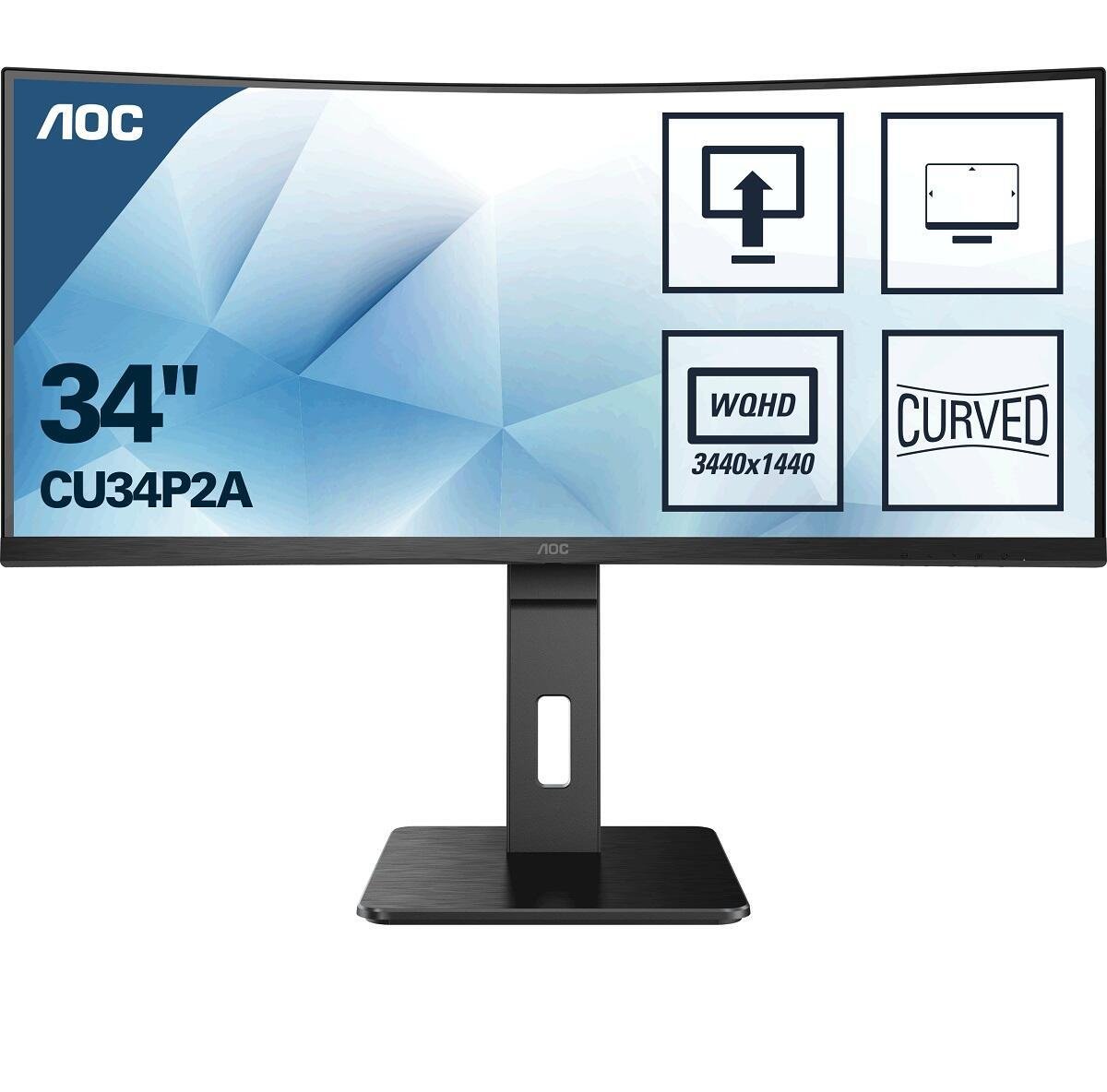 34-inch AOC P2 CU34P2A curved computer monitor with a sleek black design, featuring a 3440 x 1440 Quad HD display and a modern stand.