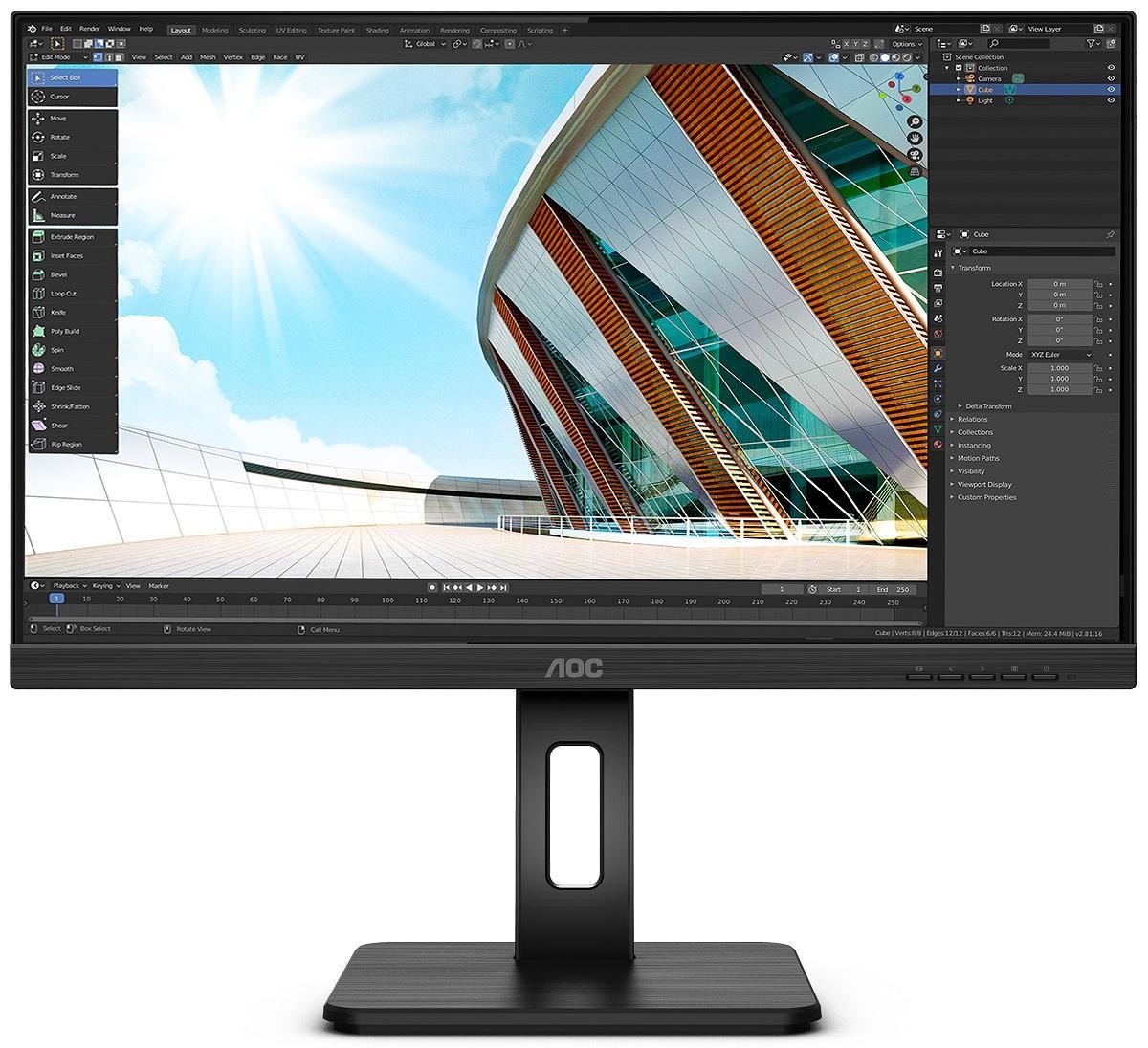 AOC P2 Q24P2Q monitor features a sleek black design, 23.8-inch Quad HD display with 2560 x 1440 resolution, and a sturdy stand, showcasing vibrant visuals and thin bezels.