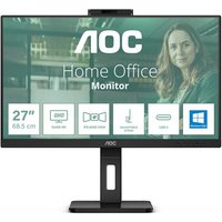 Black AOC Q27P3CW monitor, 27" Quad HD, slim bezel, rectangular base, with built-in webcam and USB-C connectivity.