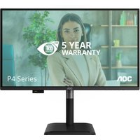 27" AOC Q27P4U QHD monitor with slim bezels, black stand, and 5-year warranty display.