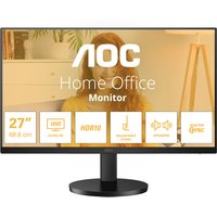 Black AOC U27B3AF monitor, 27" 4K Ultra HD LED, slim bezels, on a circular stand, displaying home office interface.