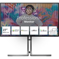 Black AOC U27U3CV 27" 4K Ultra HD monitor with slim bezels, dual stand, vibrant display showing colorful graphics.