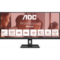 AOC U34E2M 34" black monitor, 3440x1440 pixels, ultra-wide screen, slim bezel, rectangular stand.