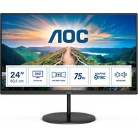 Black AOC V4 Q24V4EA monitor, 23.8" 2K Ultra HD, slim bezels, circular base, displaying vibrant landscape.